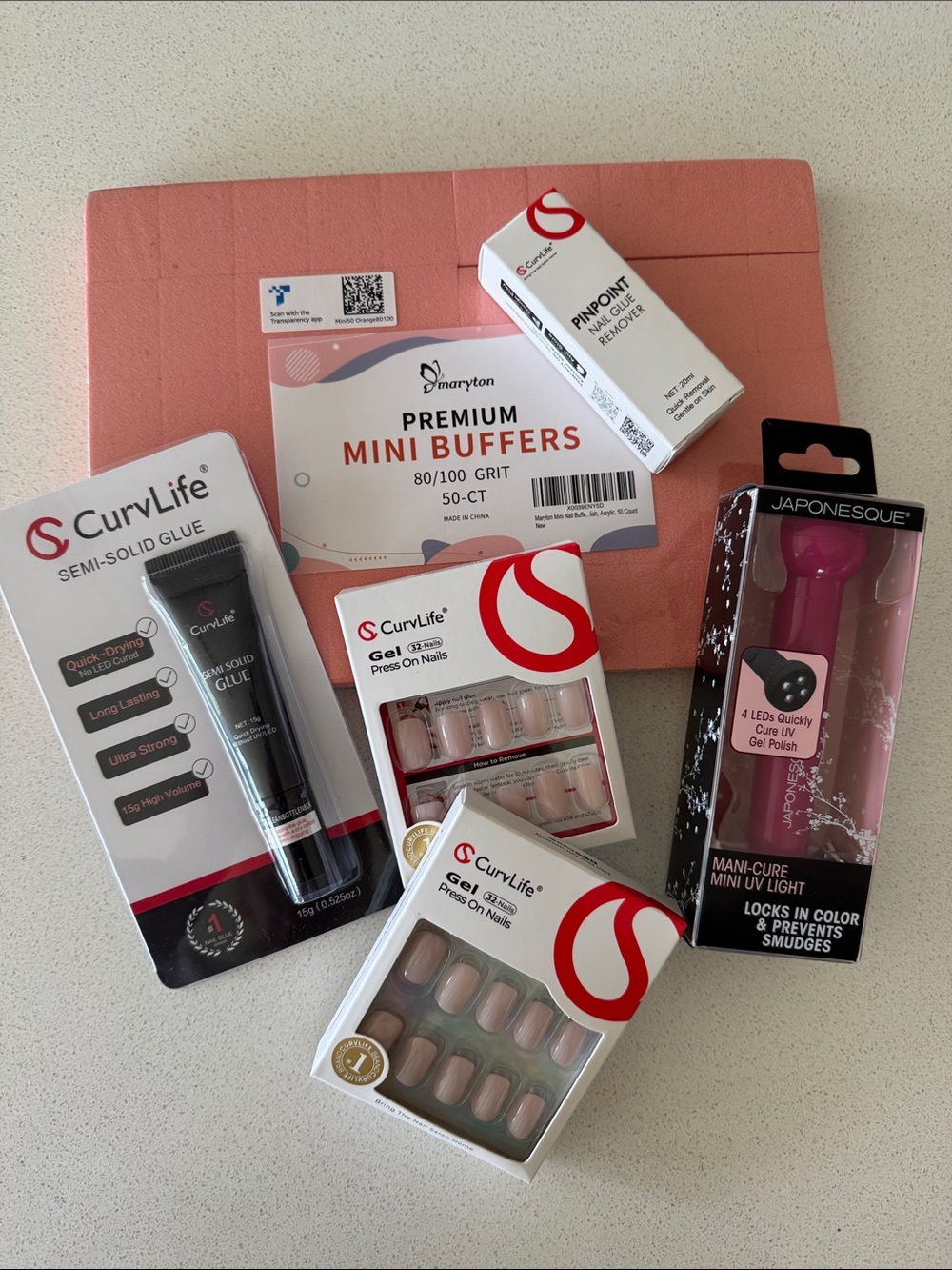 NEW UNUSED CurvLife Pre-Glued Gel Press-On Nails Set with Pink LED Mini UV Lamp
